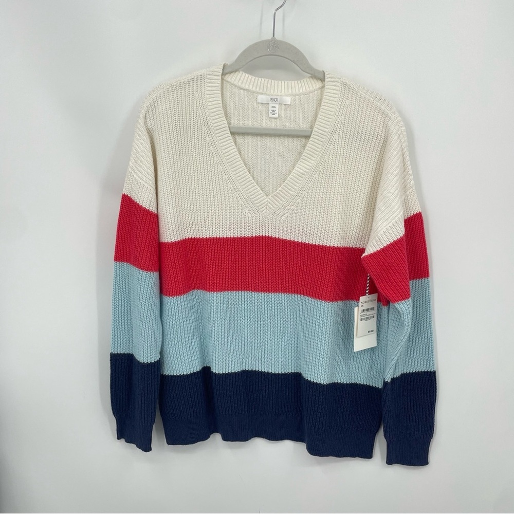 1901 Striped V-Neck Knit White Pink Blue Ivory Seaside Block Sweater Sz Xxl